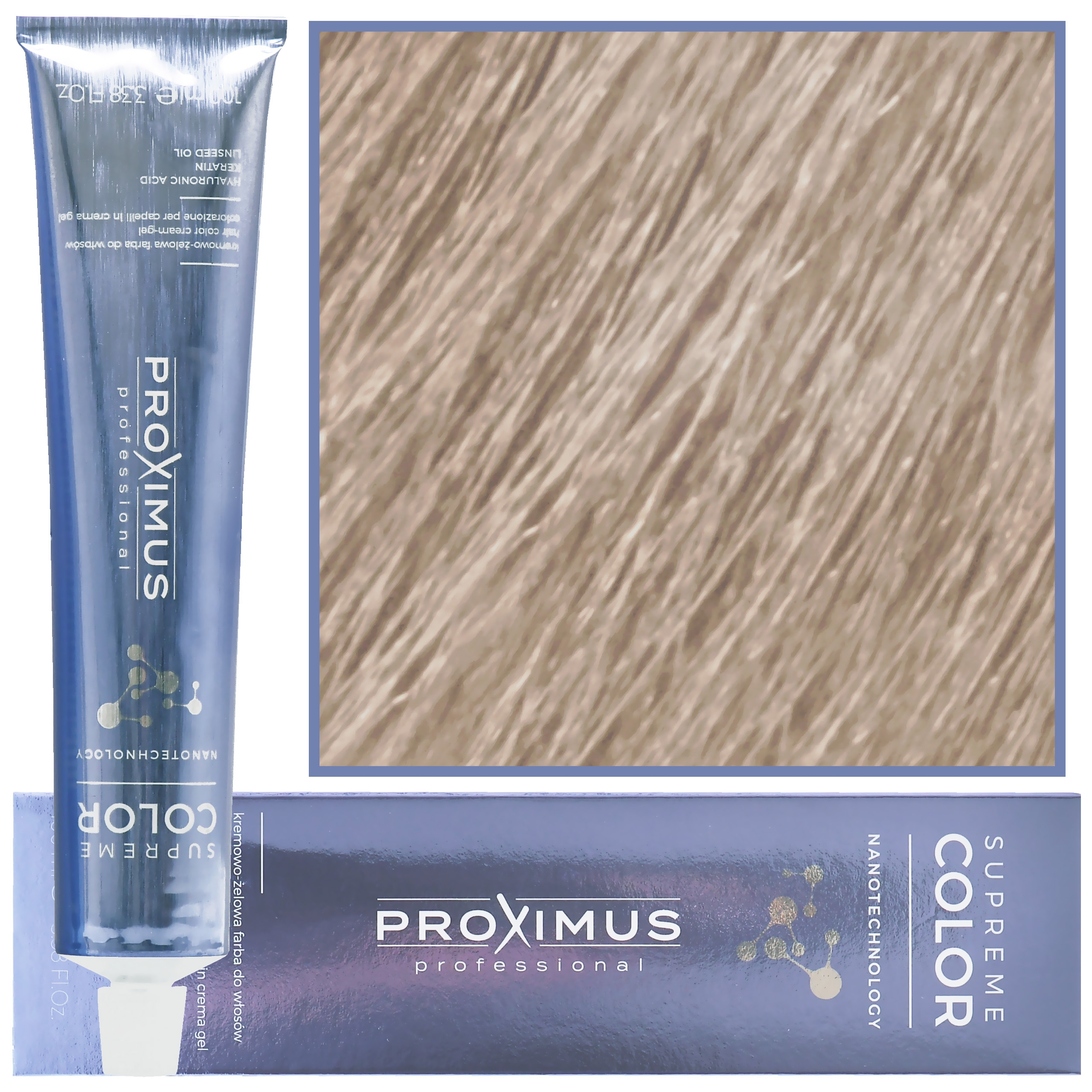 Image of Proximus Supreme Color Nanotechnology – profesjonalna farba do włosów z kwasem hialuronowym, 100ml 9,1 | Bardzo Jasny Popielaty Blond