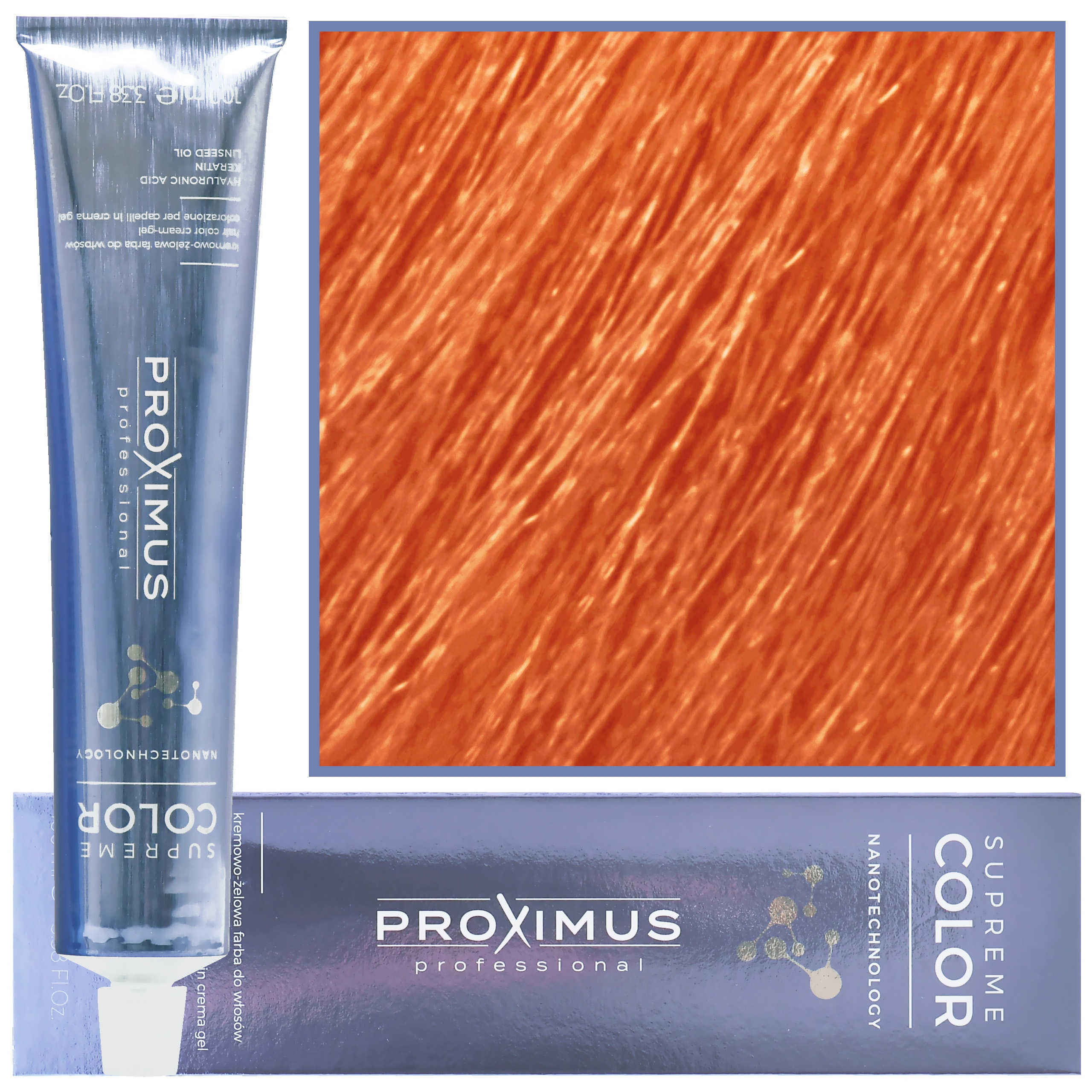 Image of Proximus Supreme Color Nanotechnology – profesjonalna farba do włosów z kwasem hialuronowym, 100ml 9,46 | Bardzo Jasny Miedziano Czerwony Blond