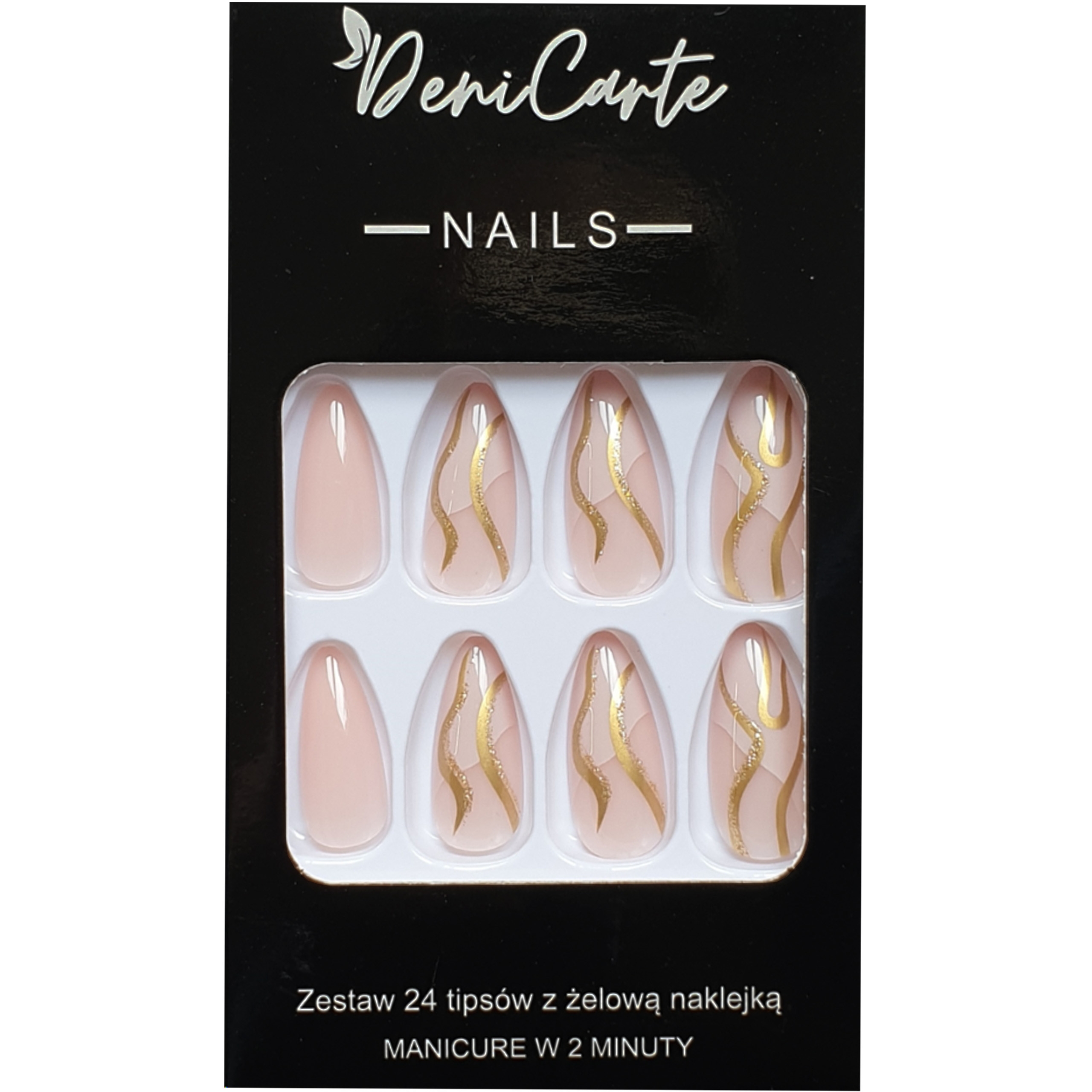 DeniCarte Tipsy – sztuczne paznokcie, zestaw 24 sztuk, różne wzory Beige Swirl Gold | Beżowo-Złote Wstążki