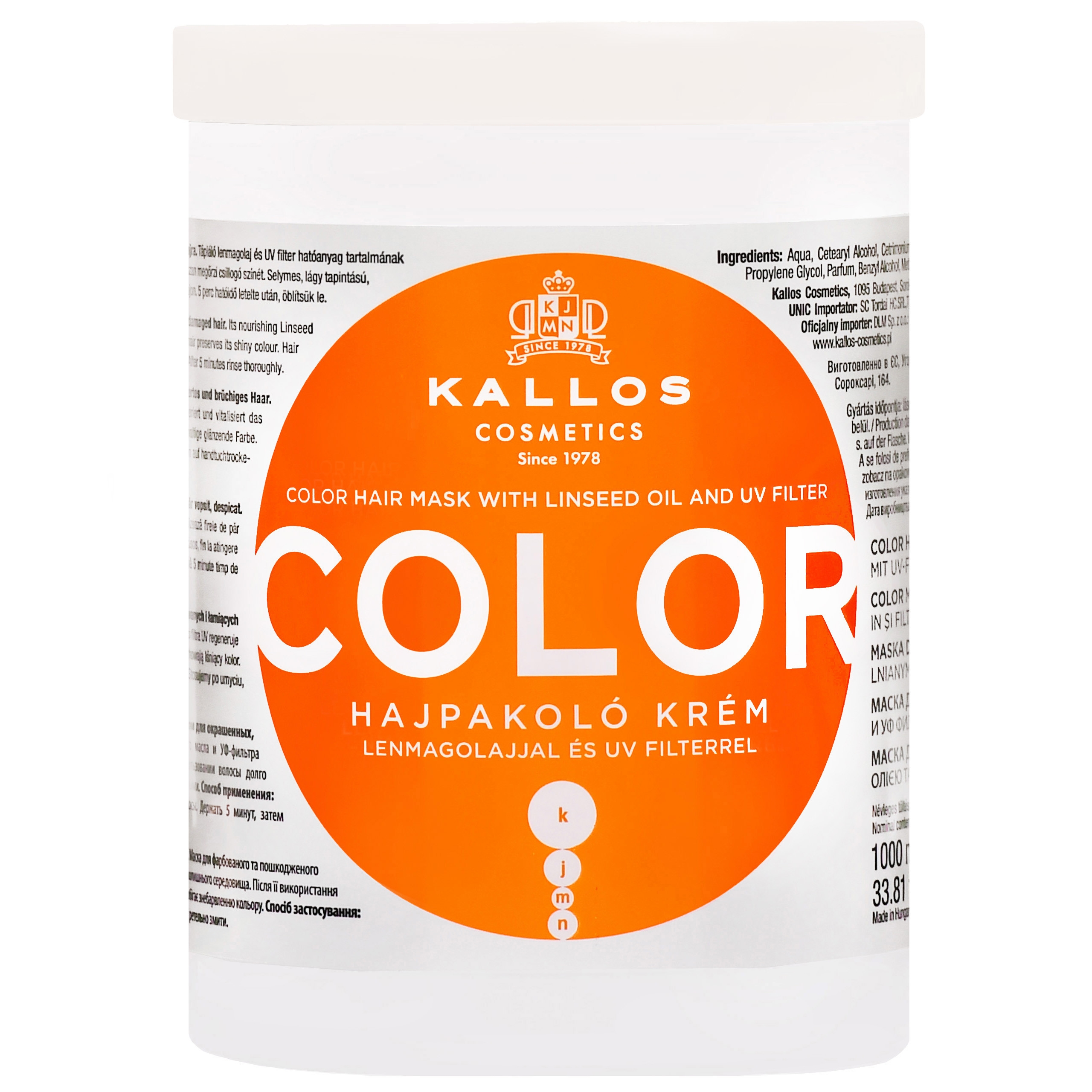 Image of Kallos Color Linseed Oil UV Mask - maska do włosów farbowanych z filtrem UV, 1000ml