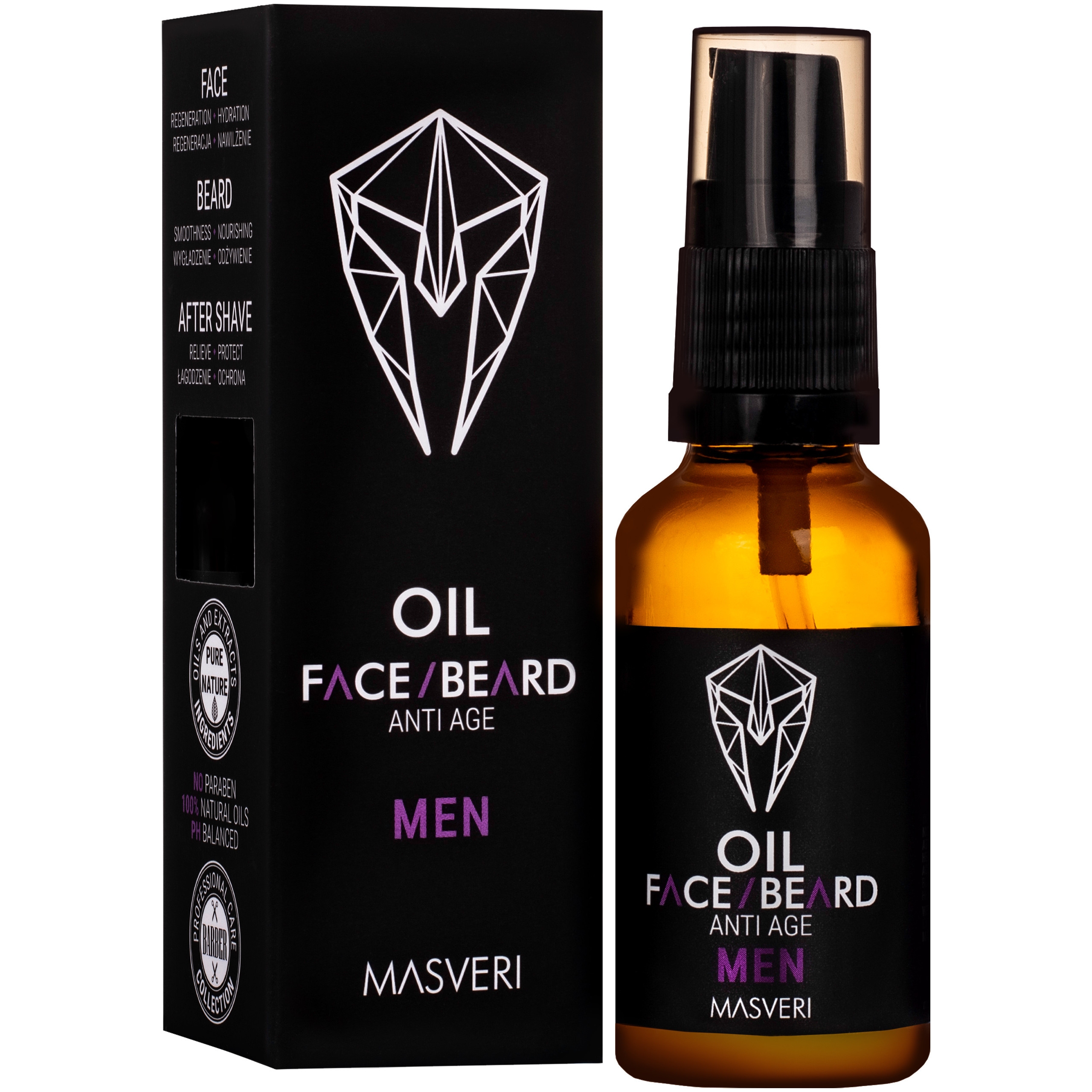 Image of Masveri Face Beard Oil Anti Age - olejek do pielęgnacji twarzy i brody, przeciwstarzeniowy, 30ml