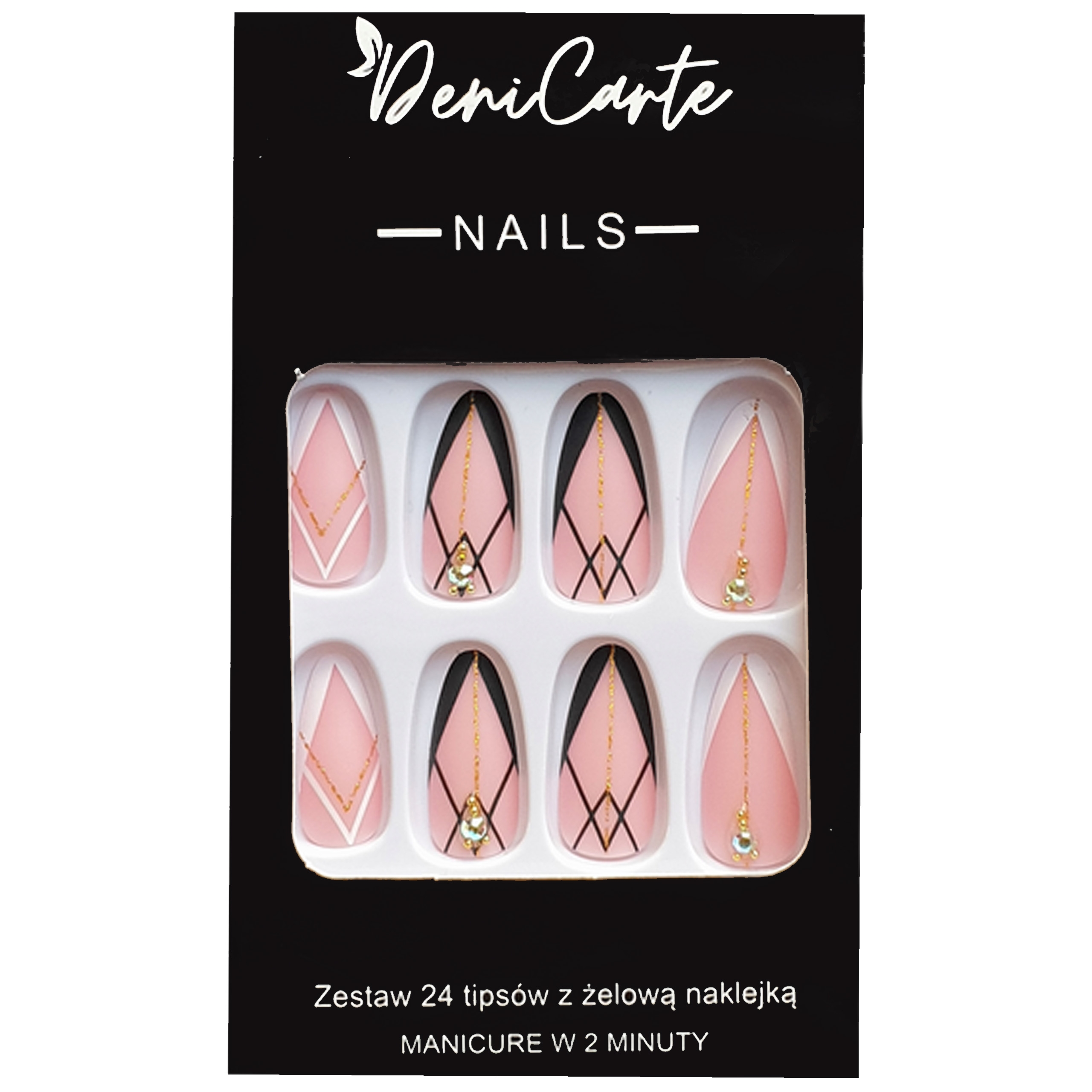 DeniCarte Tipsy – sztuczne paznokcie, zestaw 24 sztuk, różne wzory Geometric French | Geometryczny French