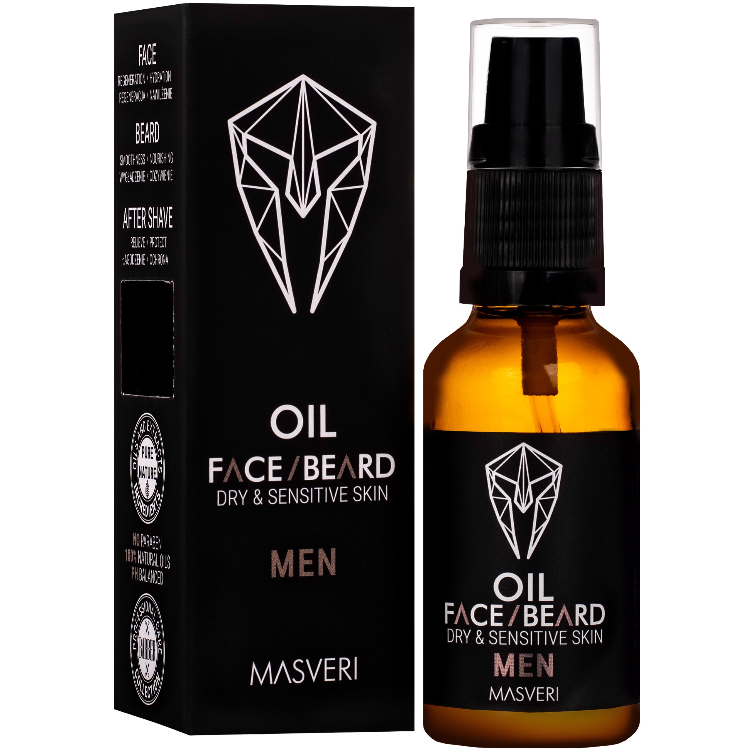 Image of Masveri Face Beard Oil Dry & Sensitive Skin - olejek do brody i skóry suchej i wrażliwej, 30ml