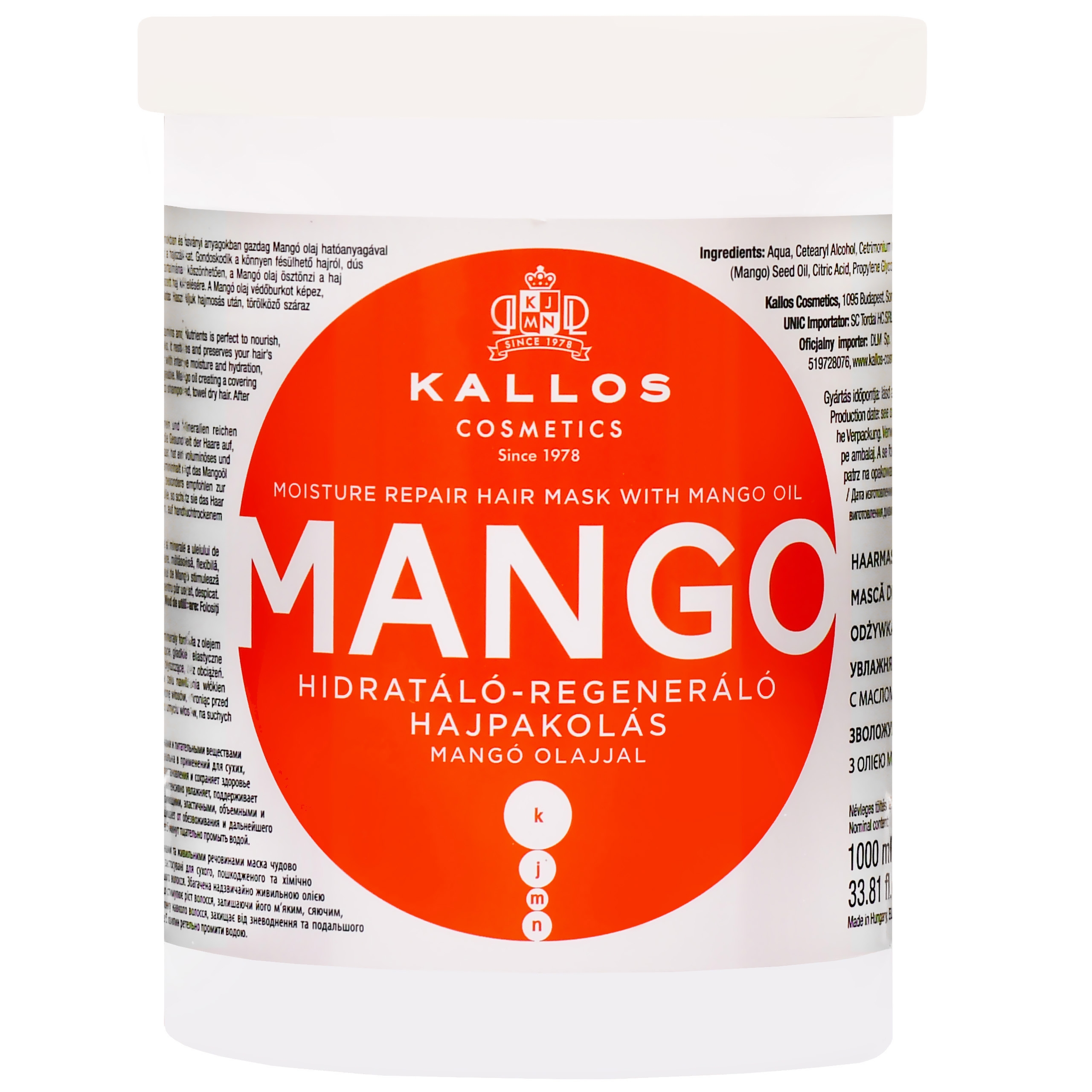 Image of Kallos Mango Moisture Repair Mask - maska do włosów suchych z olejkiem mango, 1000ml