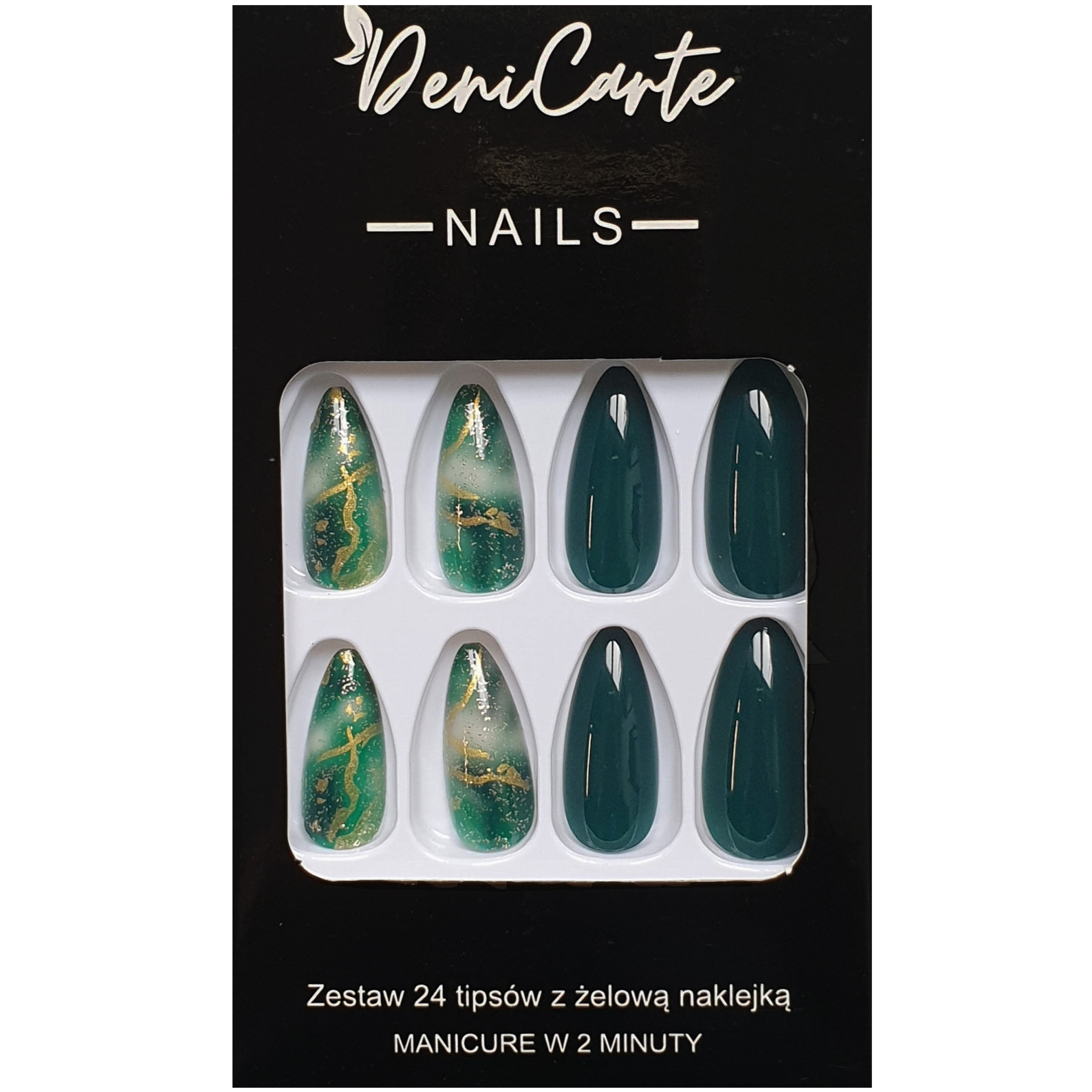 DeniCarte Tipsy – sztuczne paznokcie, zestaw 24 sztuk, różne wzory  Green Gold Marble | Zielono-Złoty Marmurkowy