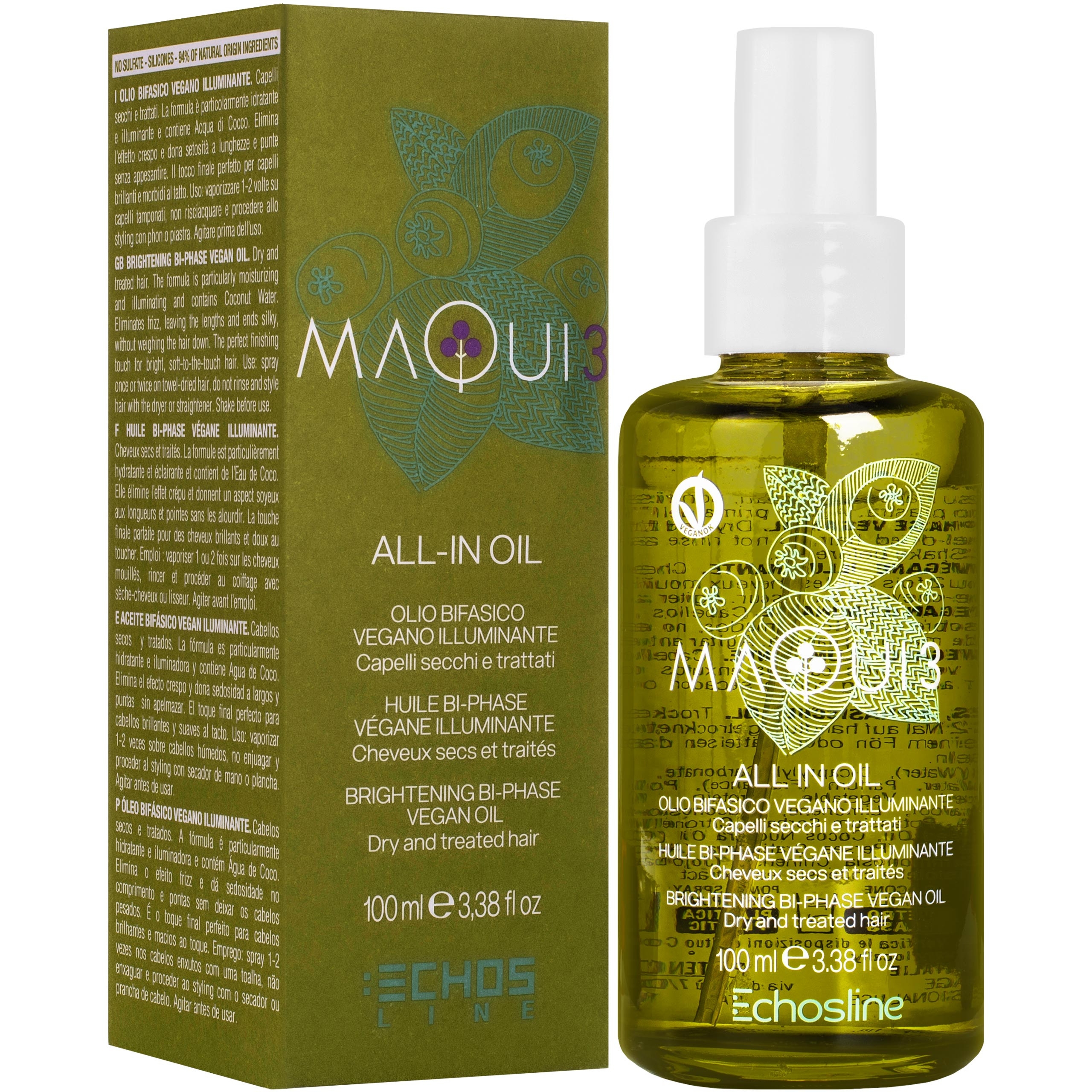 Image of Echosline Maqui 3 All in One Oil - wegański olejek rozświetlający do włosów suchych, 100ml