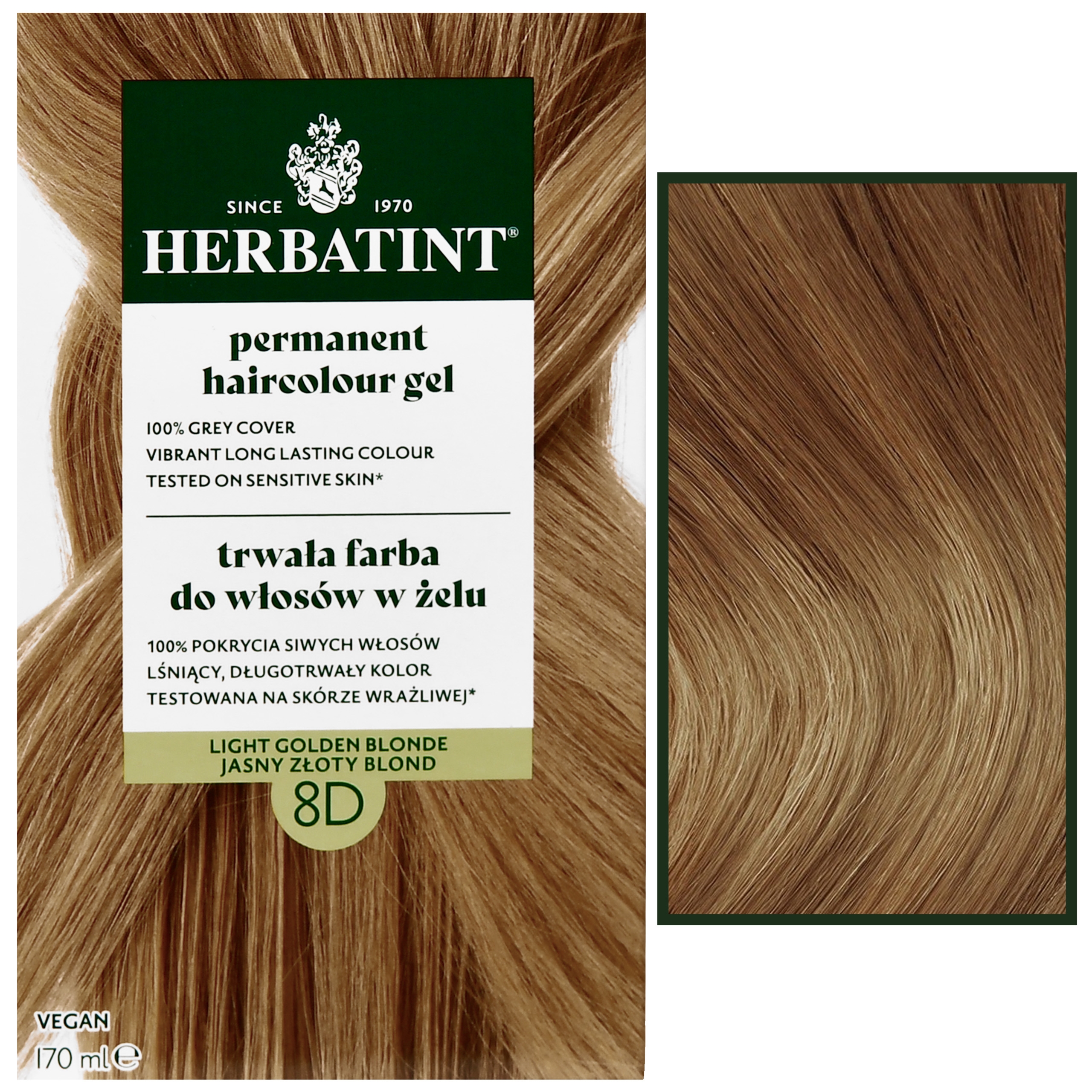Herbatint Permanent Haircolour Gel – trwała, ziołowa farba do włosów w żelu, 170ml 8D | Jasny Złoty Blond