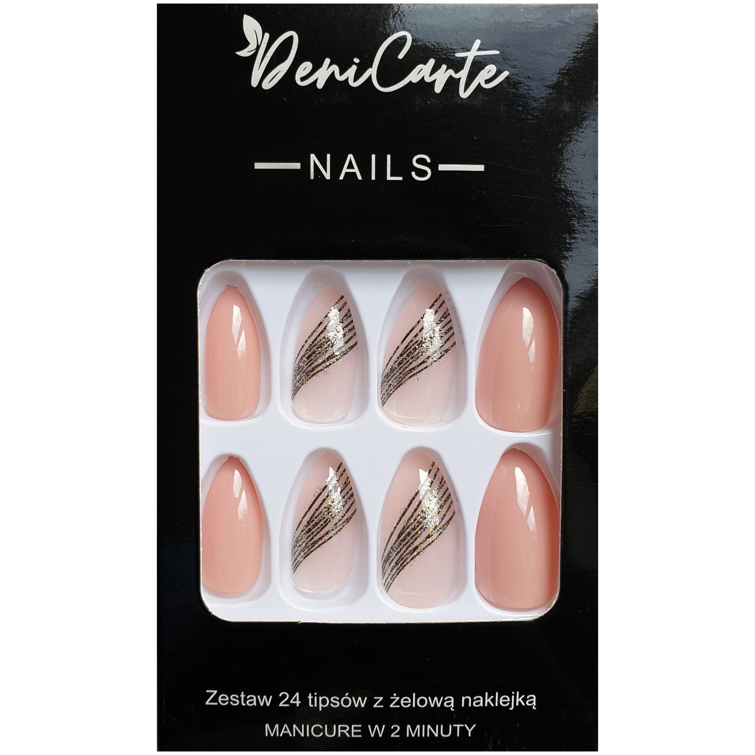DeniCarte Tipsy – sztuczne paznokcie, zestaw 24 sztuk, różne wzory Shiny Line | Błyszczące Linie