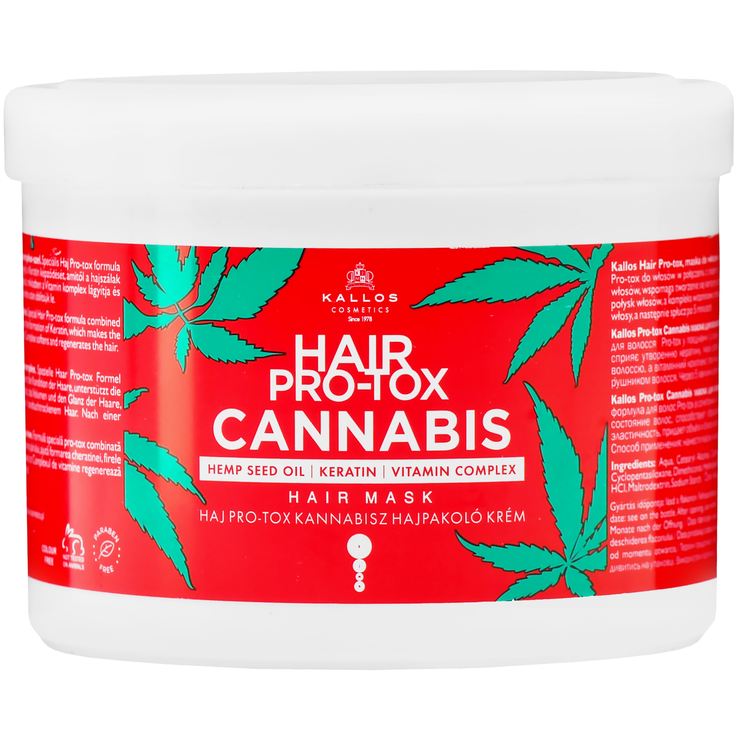 Kallos Pro-Tox Cannabis – regenerująca maska do włosów z keratyną i witaminami, 500ml