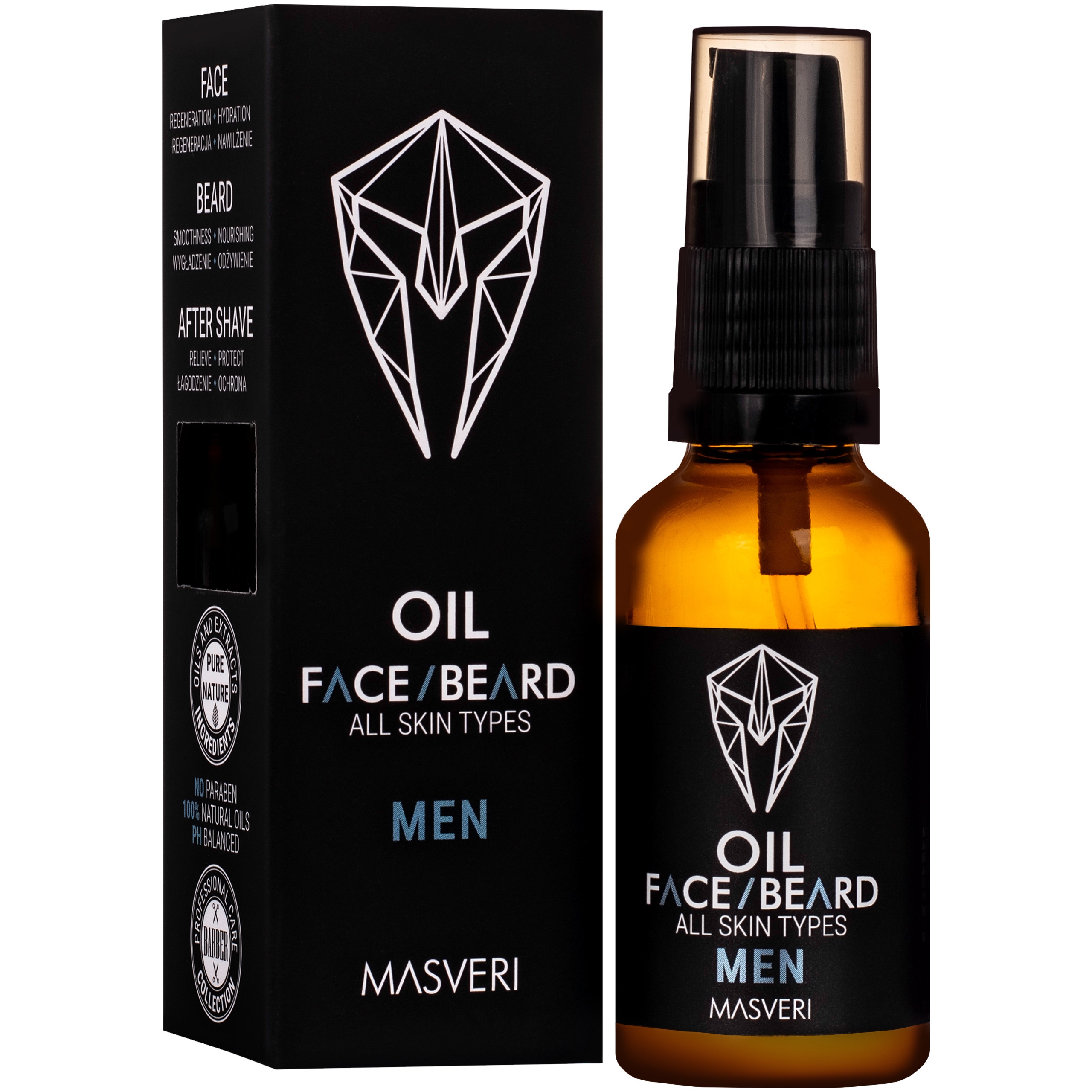 Image of Masveri Face Beard Oil All Skin Types - olejek do twarzy i brody, do każdego rodzaju skóry, 30ml