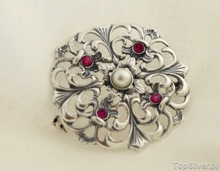 Image of DOROTA - srebrna broszka perła i rubiny