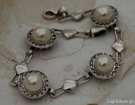 Image of ADRIA - srebrna bransoleta z perłami i kryształkami