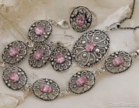 Image of MARGE - srebrny komplet z różowym kryształem