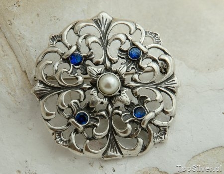 Image of LUIZA - srebrna broszka perła i szafiry