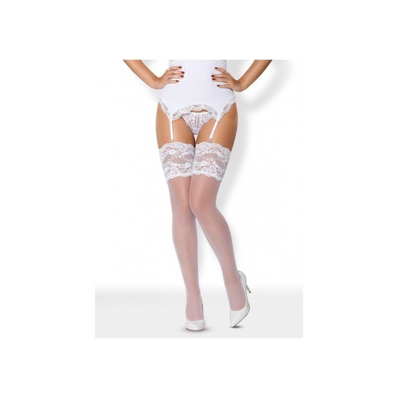 Białe pończochy z kwiatową koronką Obsessive 