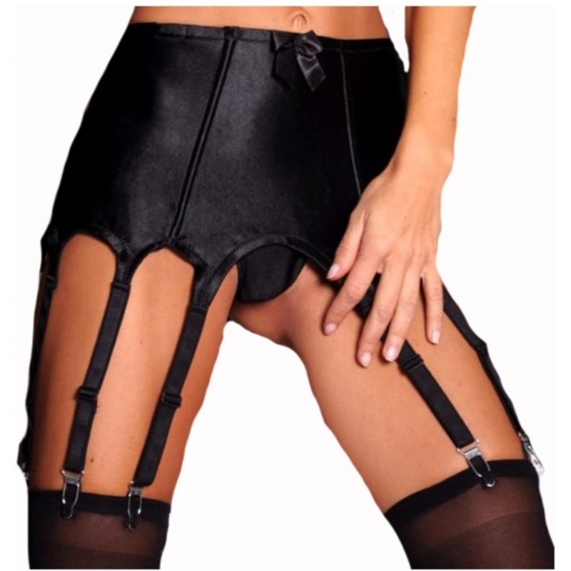 Czarny satynowy pas do pończoch i pończochy 7heaven 