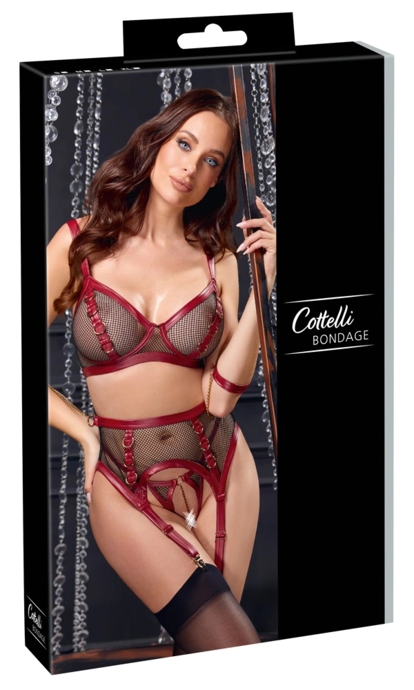 Cottelli Bondage Bra Set XL – czarno-czerwony komplet z siateczki, złote akcenty, paski, rozmiar XL