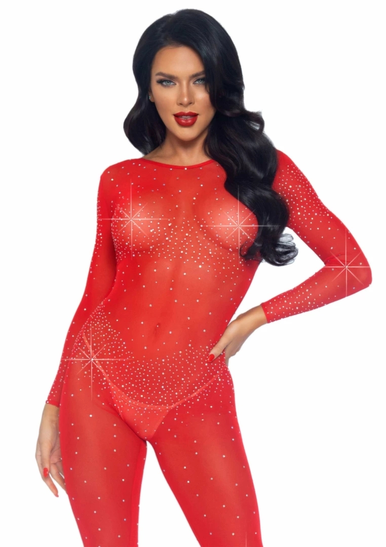 Sheer Rhinestone Catsuit transparentny kombinezon z kryształkami i długim rękawem S
