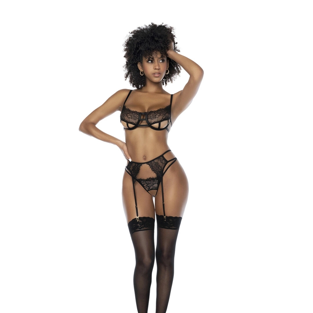 Mapale Three Piece Open Cup Bra Set L/XL czarny, biustonosz z fiszbinami i pas do pończoch