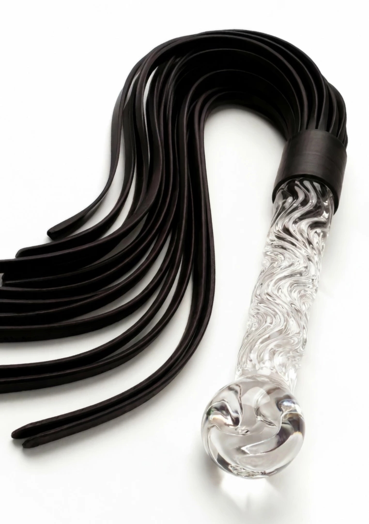 TOYJOY Crystal Leather Whip szklany uchwyt, skórzane rzemienie, 66 cm, borokrzemowe szkło