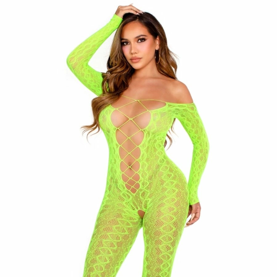 Leg Avenue Bodystocking neonowa zielona z motywem wężowej koronki, model bez stóp