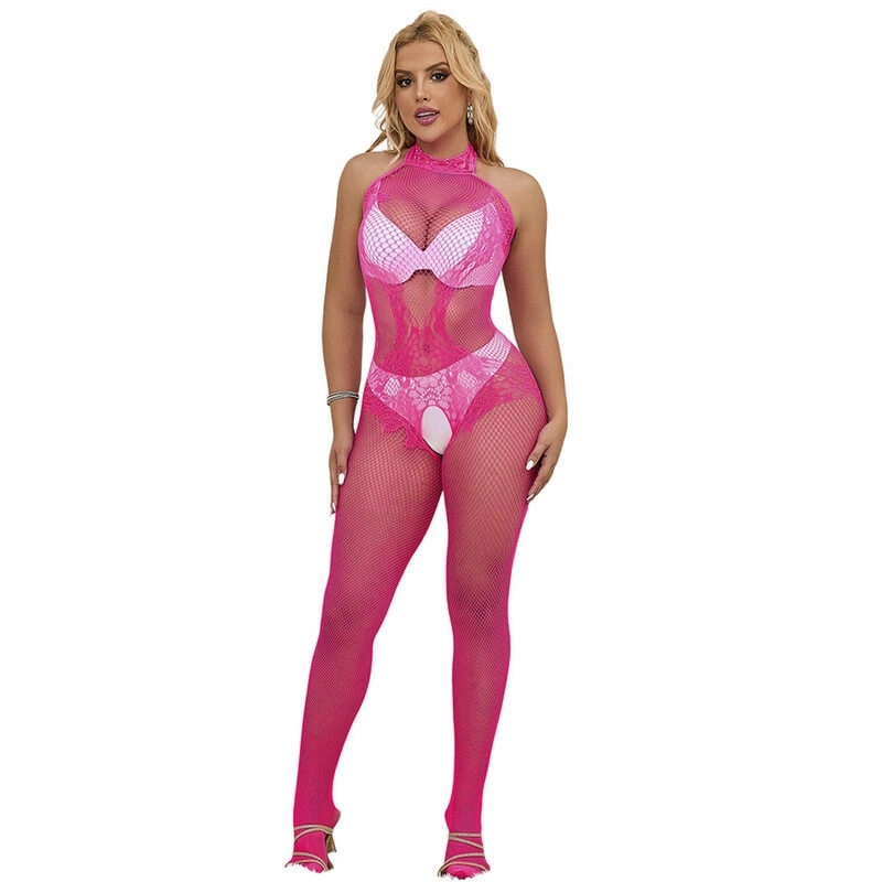 Subblime 952389 Bodystocking z siatki rybackiej i koronki, różowy, uniwersalny rozmiar, elastyczny materiał