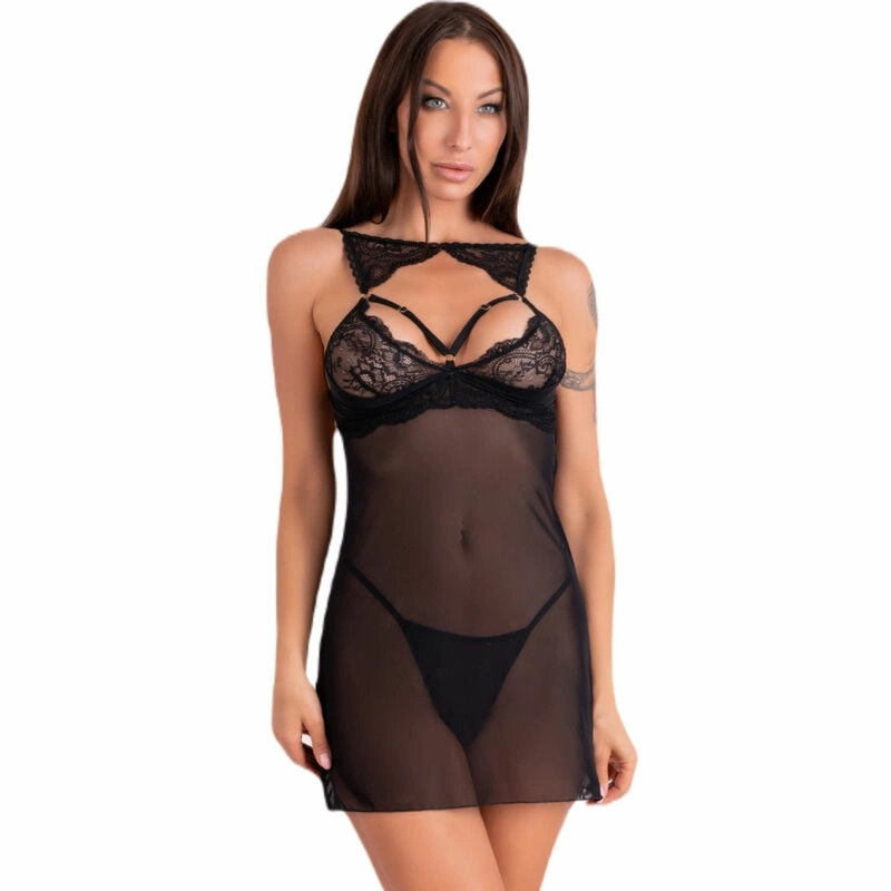 Livco Corsetti Fashion Krolina LC 90734 Komplet koszulka z transparentnej siateczki i stringi, L/XL, czarny