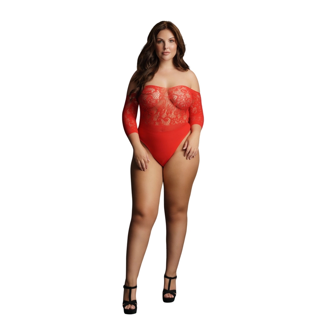 Le Desir Body Plus Size czarne, koronka, rękawy 3/4, otwarty krój, ozdobne dżety