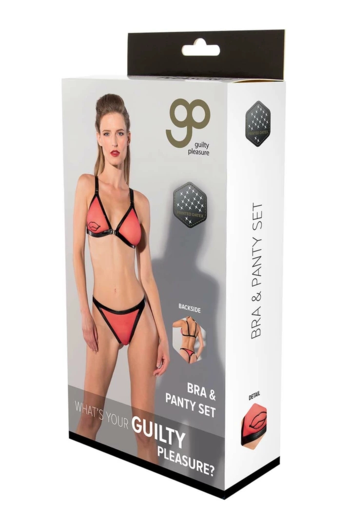 Guilty Pleasure Printed Datex Bra & Panty Set XL czerwono-czarny, komplet z lateksowym nadrukiem