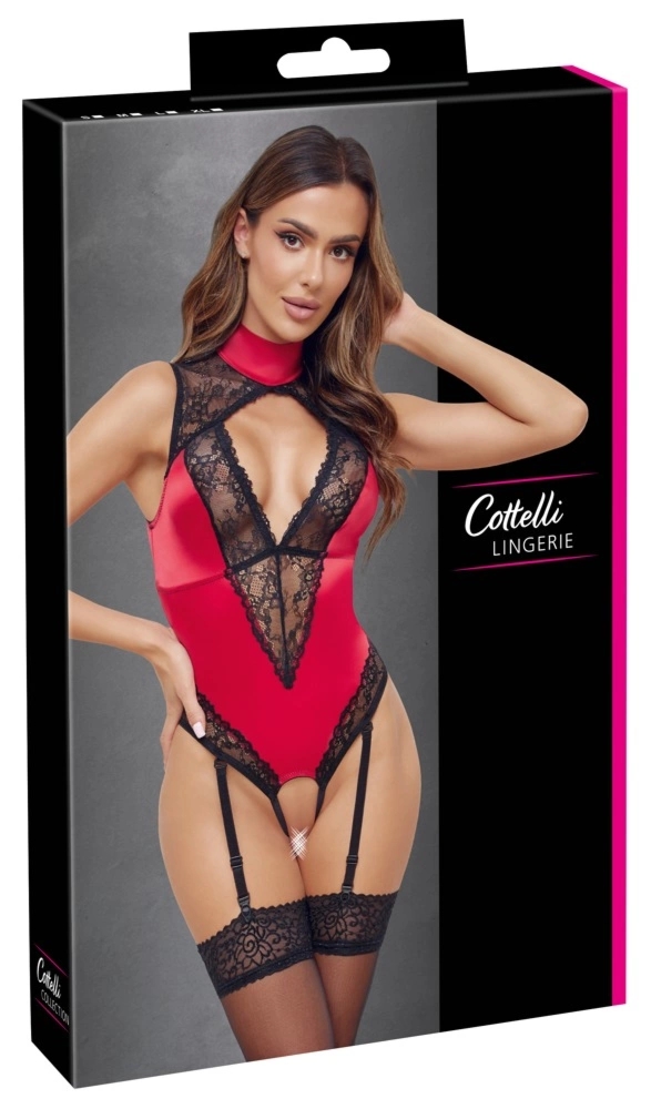Cottelli Lingerie body satynowo-koronkowe czerwone S, regulowane podwiązki
