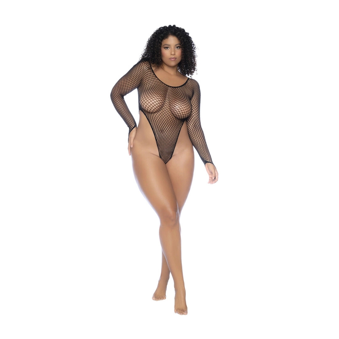 Mapele Long Sleeve Fishnet Bodysuit Queen Size czarny, siateczkowy, wysokie wycięcie