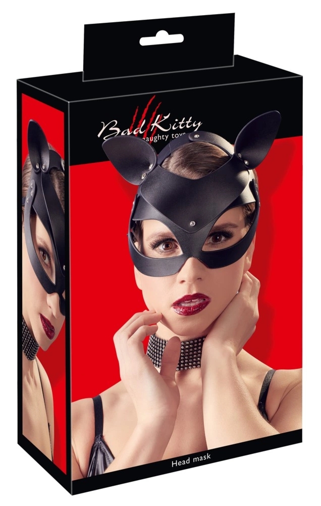 Bad Kitty maska z uszami i ćwiekami, regulowana, imitacja skóry, czarna