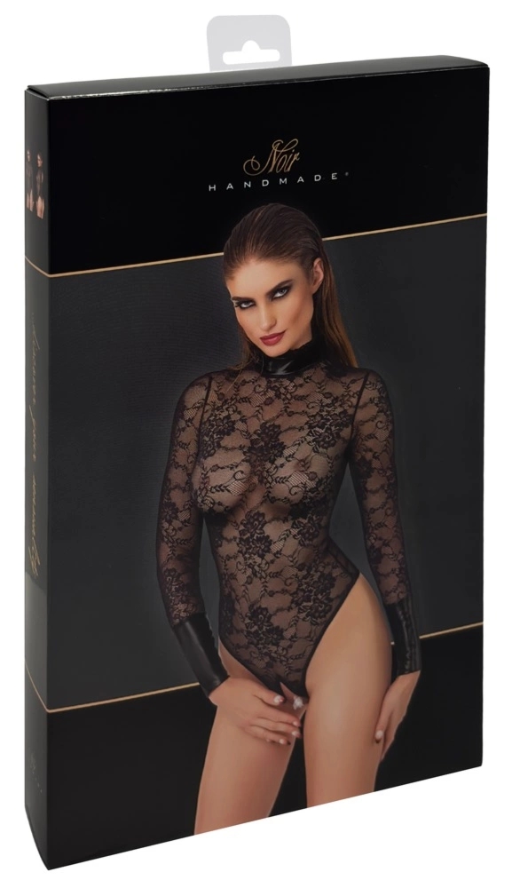 Noir Handmade Body Collar S – czarny koronkowy model z kołnierzem, powerwetlook i wysokim wycięciem
