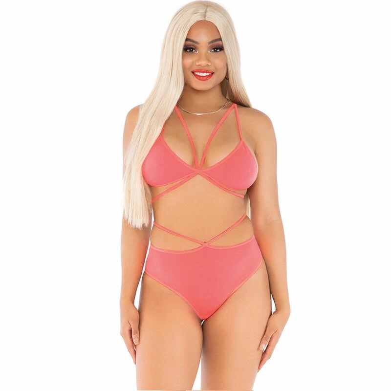 Leg Avenue zestaw bielizny koralowy z żółtymi paskami, top i majtki One Size