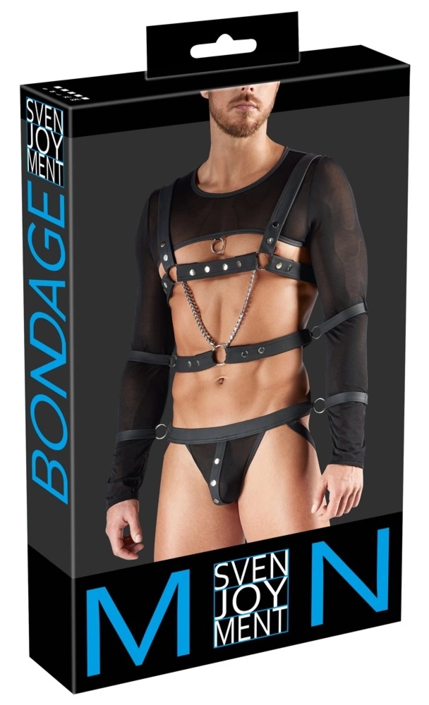 Svenjoyment Bondage L - Czarny top z długim rękawem, uprząż, jock i 4 mankiety