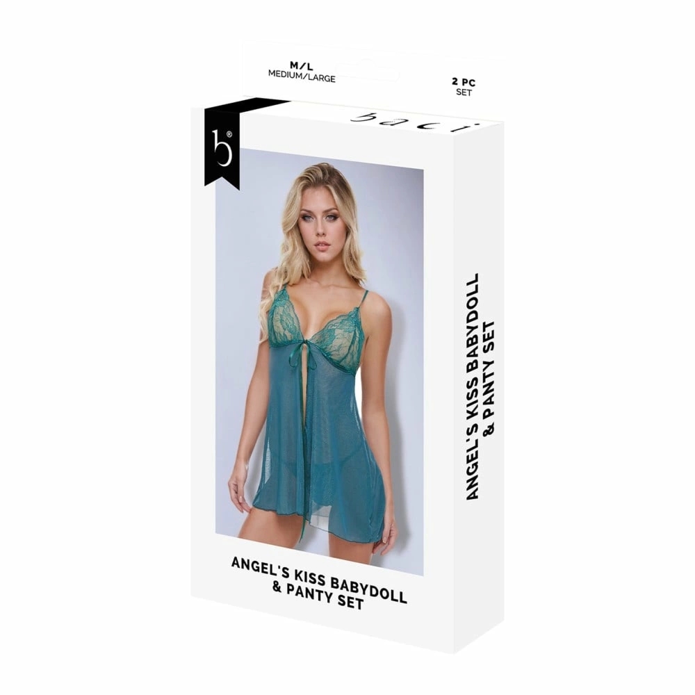 Baci Lingerie Angel's Kiss Babydoll & Panty Set zielony M/L – komplet z koronką, zwiewny fason
