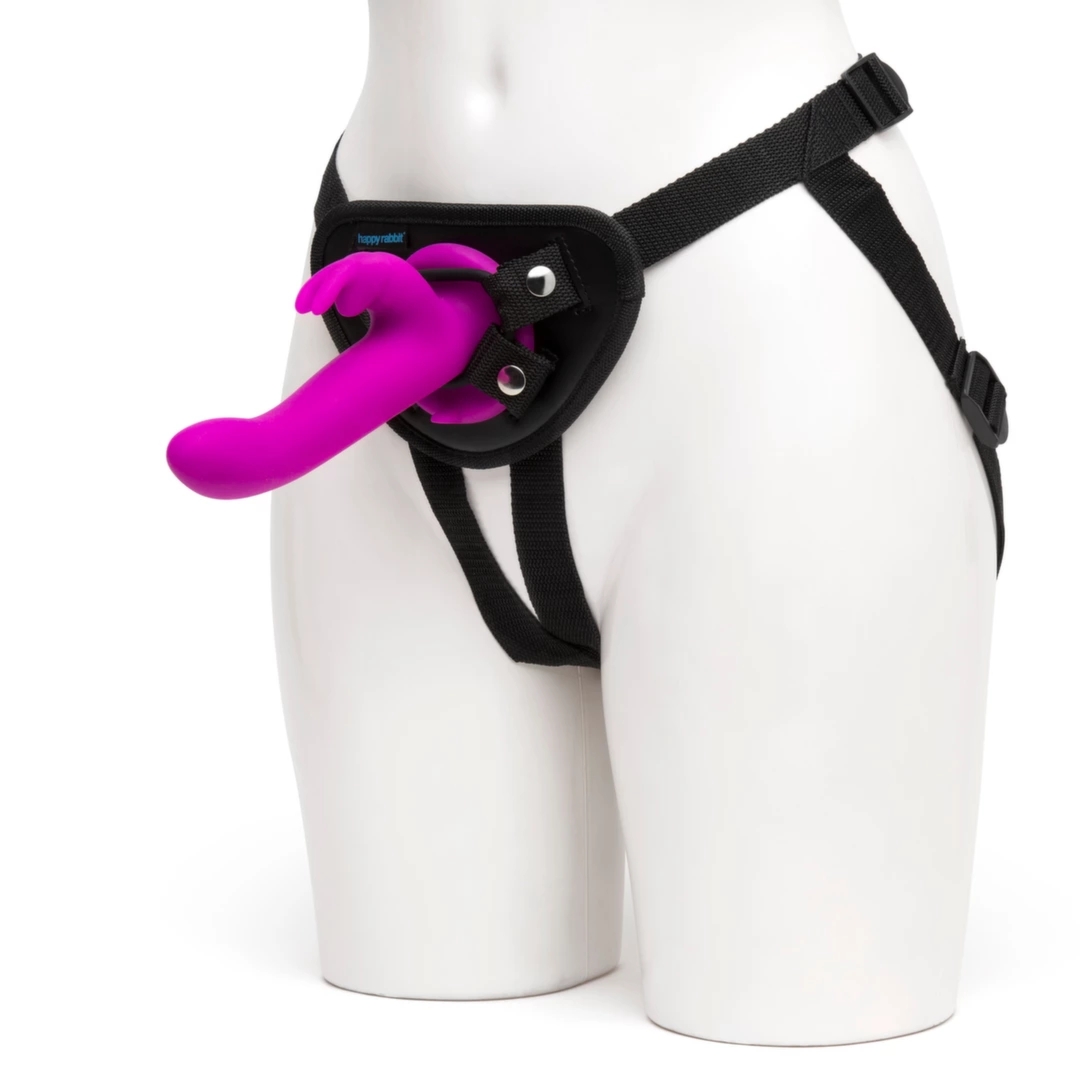 Happy Rabbit Zestaw Harness z wibrującą maszyną intymną, fioletowy, USB, 15 trybów, uprząż regulowana