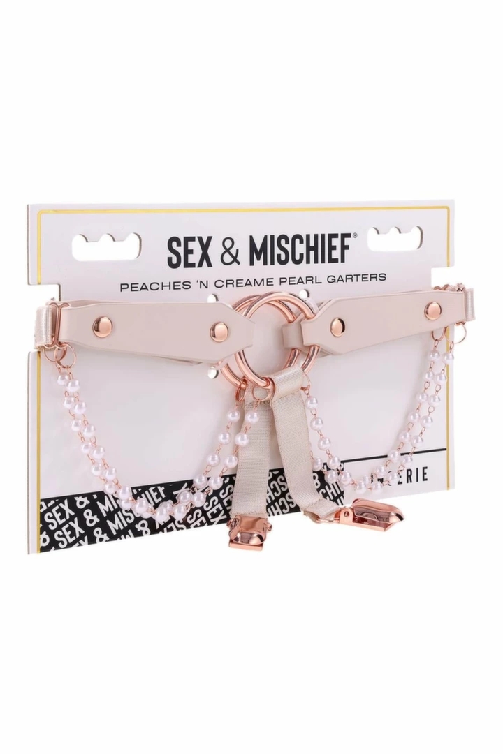 PEACHES 'N CREAME Pearl Garters perłowe podwiązki z regulacją 45-66 cm, czarne z łańcuszkami