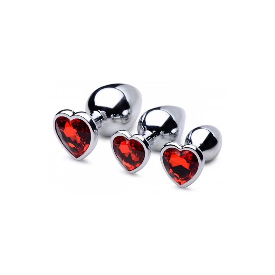 XR Brands Red Heart zestaw trzech anatomicznych korków aluminiowych z czerwonym sercem