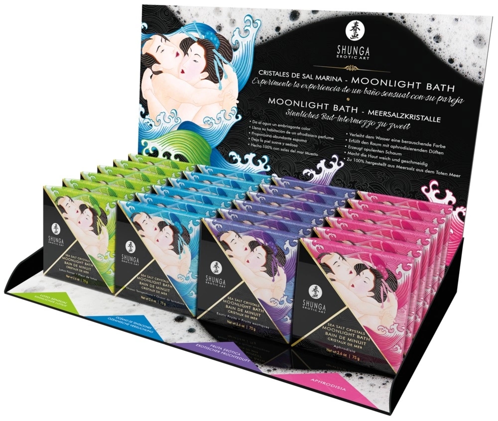 Shunga Moonlight Bath Zestaw Luksusowych Soli do Kąpieli 24x75g – 4 zapachy, ekspozytor