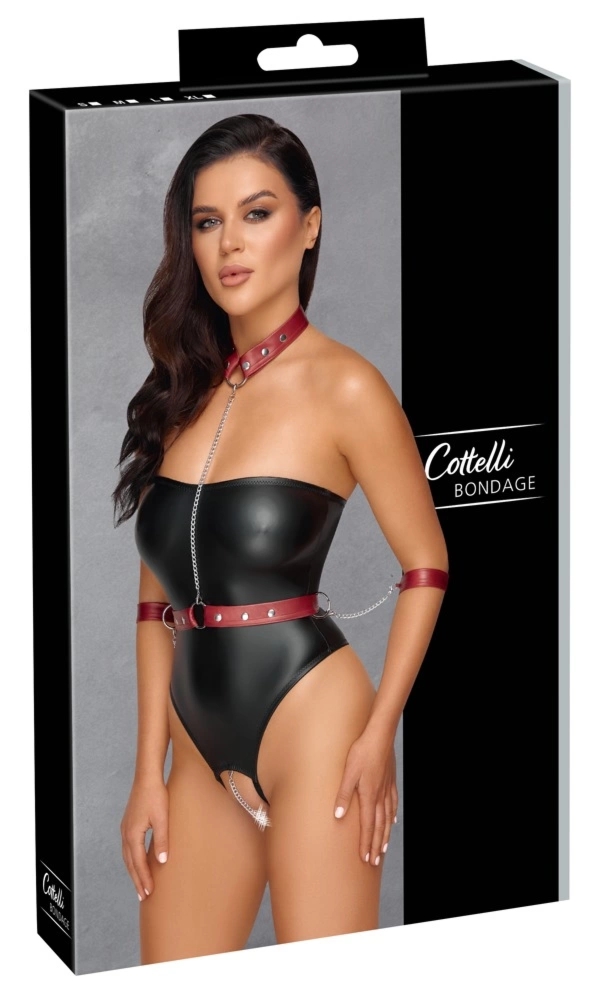 Cottelli Bondage Body XL czarne z czerwoną uprzężą i mankietami, matowe wykończenie i odpinane łańcuchy