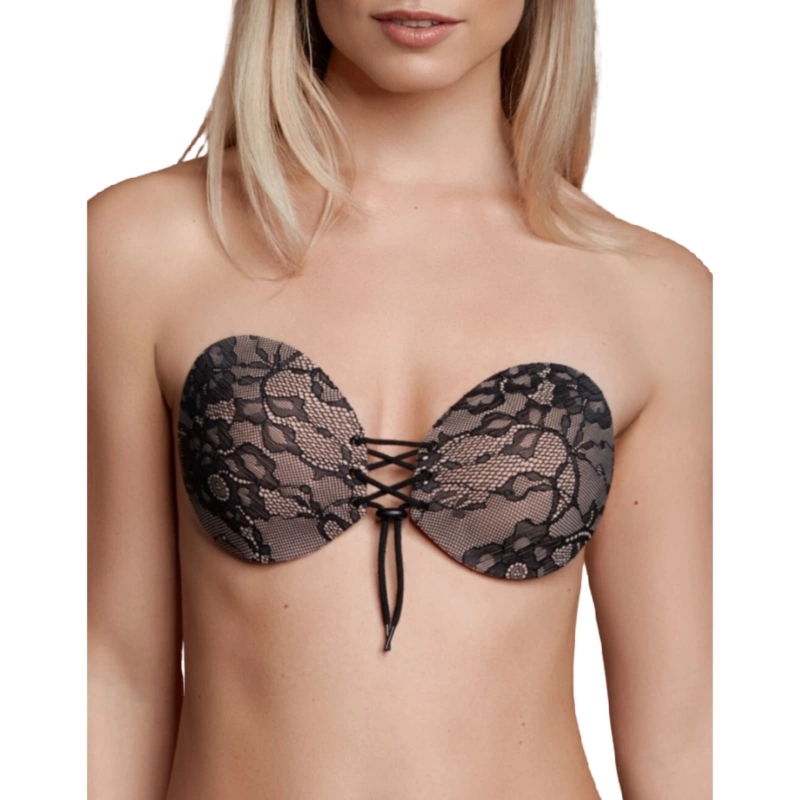 Bye Bra Round Lace-it D samoprzylepny biustonosz cielisty z haftem i sznurowaniem, bez ramiączek