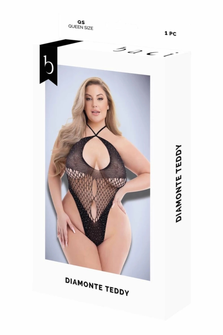 Baci Diamonte Teddy QS – czarny kostium siateczkowy z połyskiem, regulowany halter