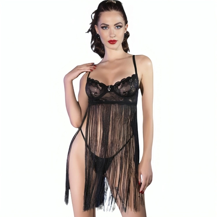 Chilirose CR 4496 Babydoll czarny S/M z fiszbinami, koronką i ozdobnym wiązaniem