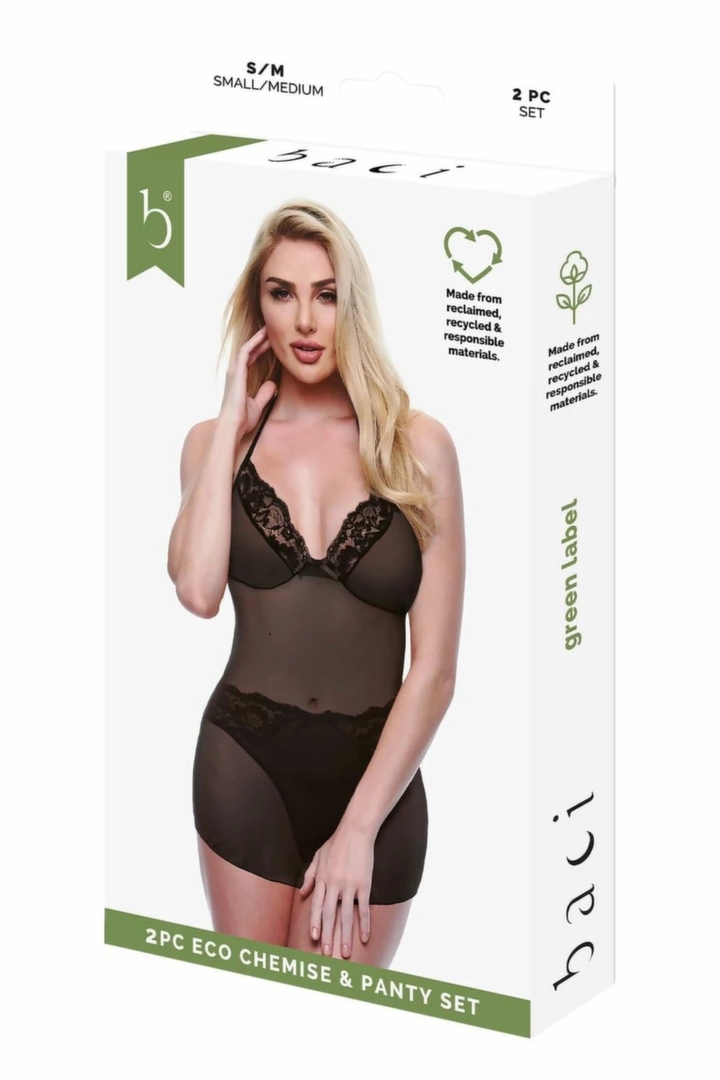 BACI 2 PCS. ECO CHEMISE AND PANTY SET BLACK S/M – ekologiczny zestaw bielizny z koronką i siateczką
