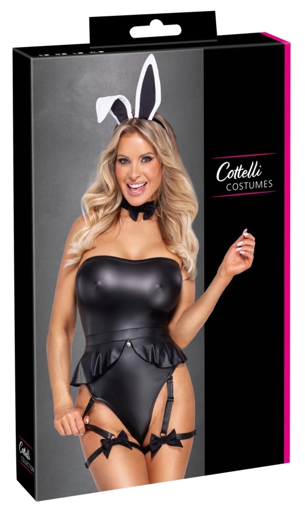 Cottelli Costumes Bunny Body M – czarny kostium kroliczka z opaską, chokerem i paskami