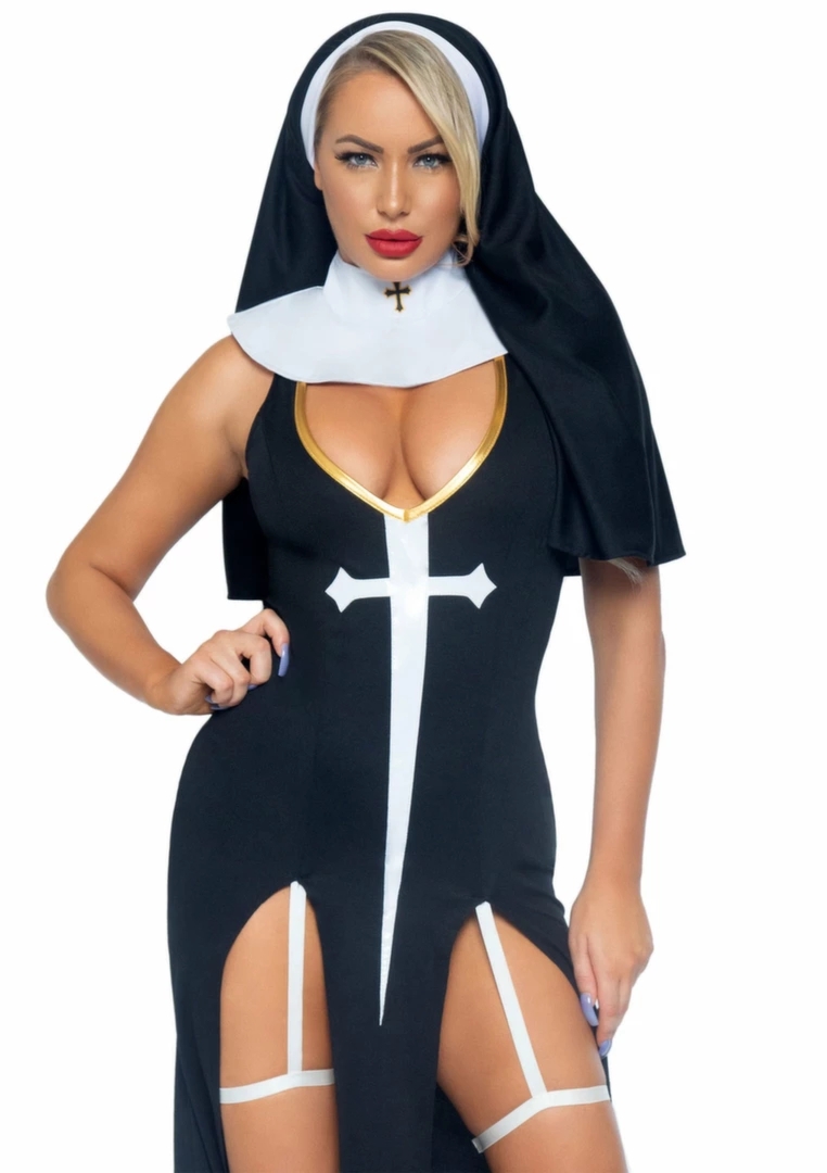 Sultry Sinner Dress kostium z głębokim dekoltem, habit i winylowe detale S