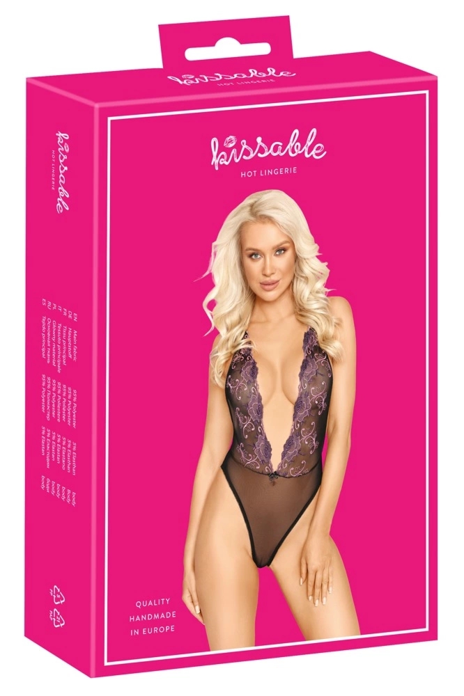 Kissable Body L/XL Czarny Fioletowy Haft Kwiatowy Regulowane Krzyżowe Ramiączka