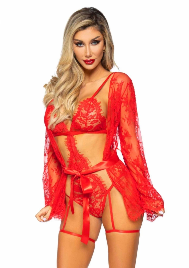 Dreamgirl Garter Teddy z koronką, stringami i szlafrokiem czarny M/L, trzyczęściowy zestaw