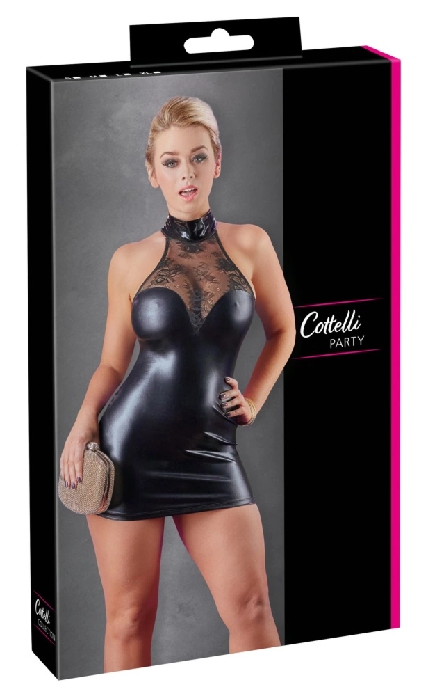 Cottelli PARTY sukienka czarna S, matowe wykończenie wet look, koronkowe detale przy dekolcie